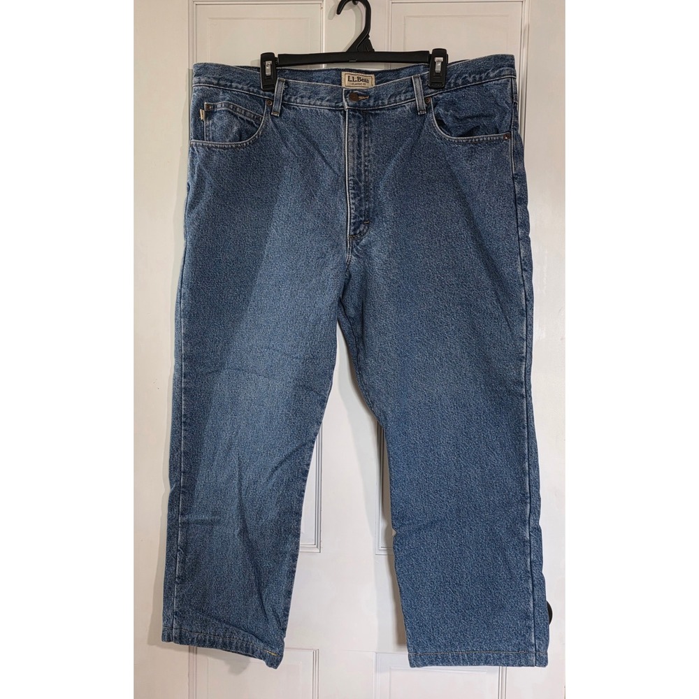 LL Bean Classic Fit Flannel Lined Jeans Men 42x29 Medium Wash Denim Plaid Lining